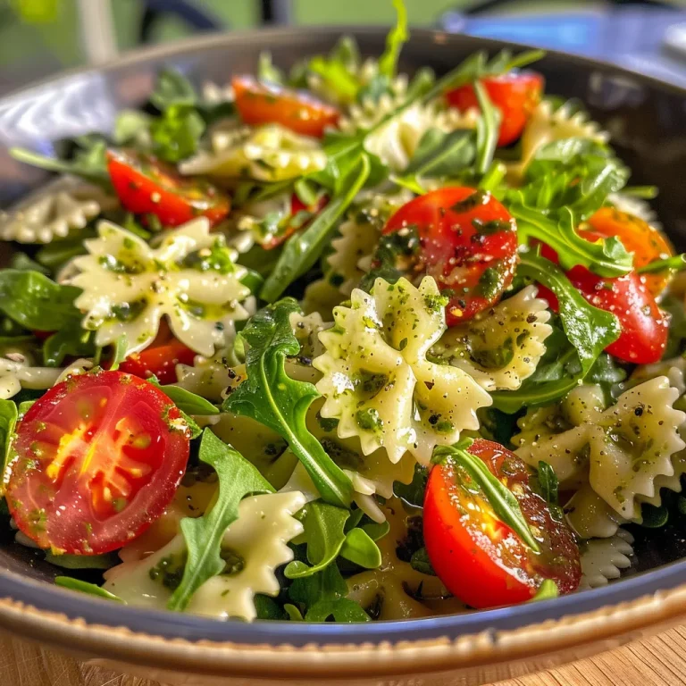 Nahaufnahme eines Mediterraner Nudelsalats mit Pesto, angereichert mit Kirschtomaten und Rucola.