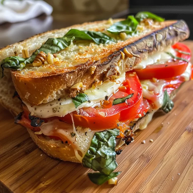Nahaufnahme eines saftigen Mozzarella-Sandwiches auf einem Holzbrett.