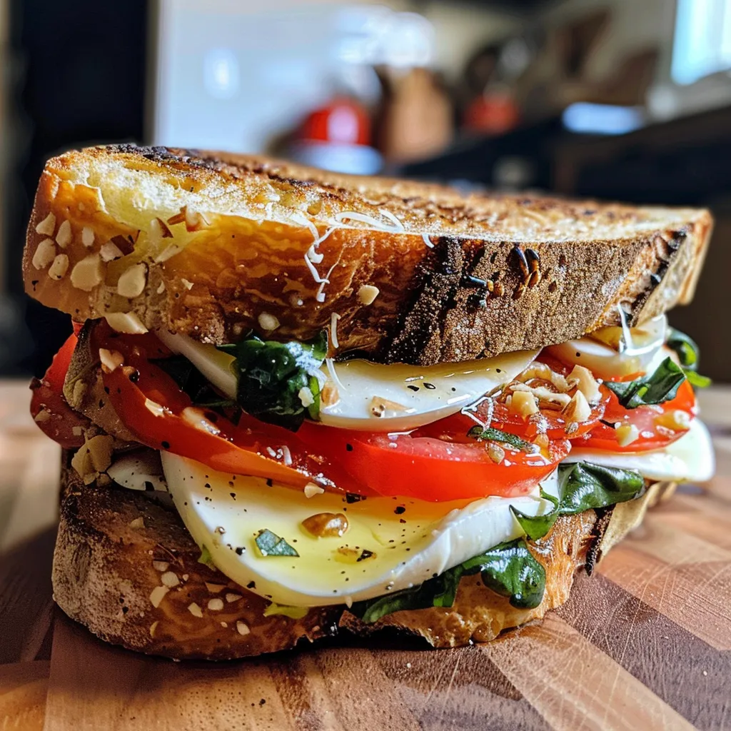 Seitenansicht eines Mozzarella-Sandwiches mit frischen Zutaten.
