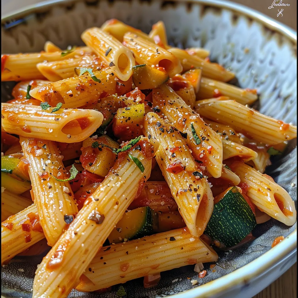 Nahaufnahme von Nudeln mit Zucchini, Karotte und Paprika.