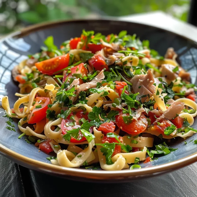 Nahaufnahme eines Nudelsalats mit Thunfisch, bunten Zutaten.