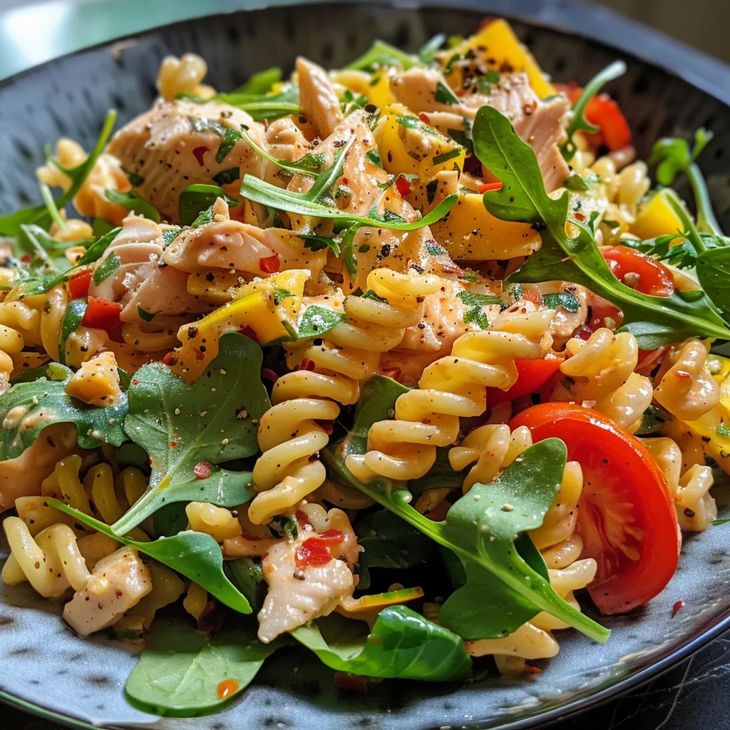 Seitenansicht von Nudelsalat mit frischem Gemüse und Thunfisch.