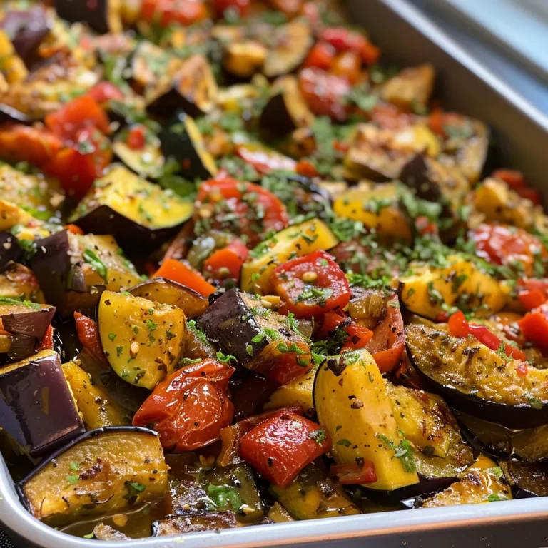 Nahaufnahme von Ofengemüse mit mediterranen Kräutern, darunter Zucchini, Paprika, Aubergine und Kirschtomaten.