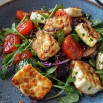 Nahaufnahme eines Ofengemüse-Salats mit Halloumi und frischem Minz-Joghurtdressing.