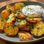 Nahaufnahme von Ofenkartoffeln mit Dip in einem weißen Schüssel.