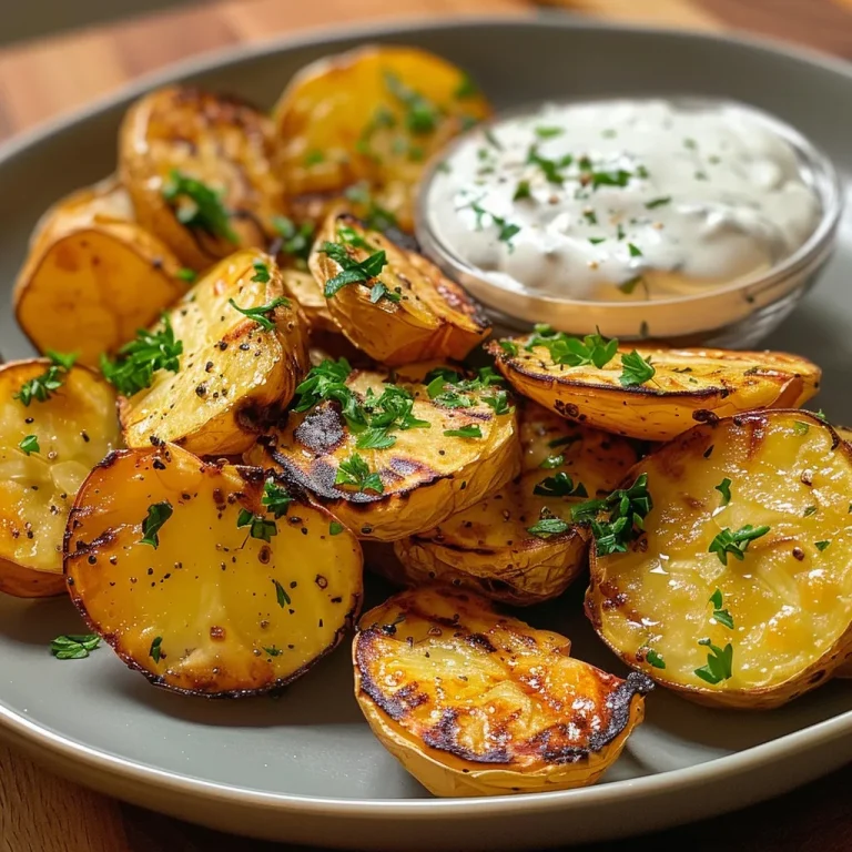 Nahaufnahme von Ofenkartoffeln mit Dip in einem weißen Schüssel.