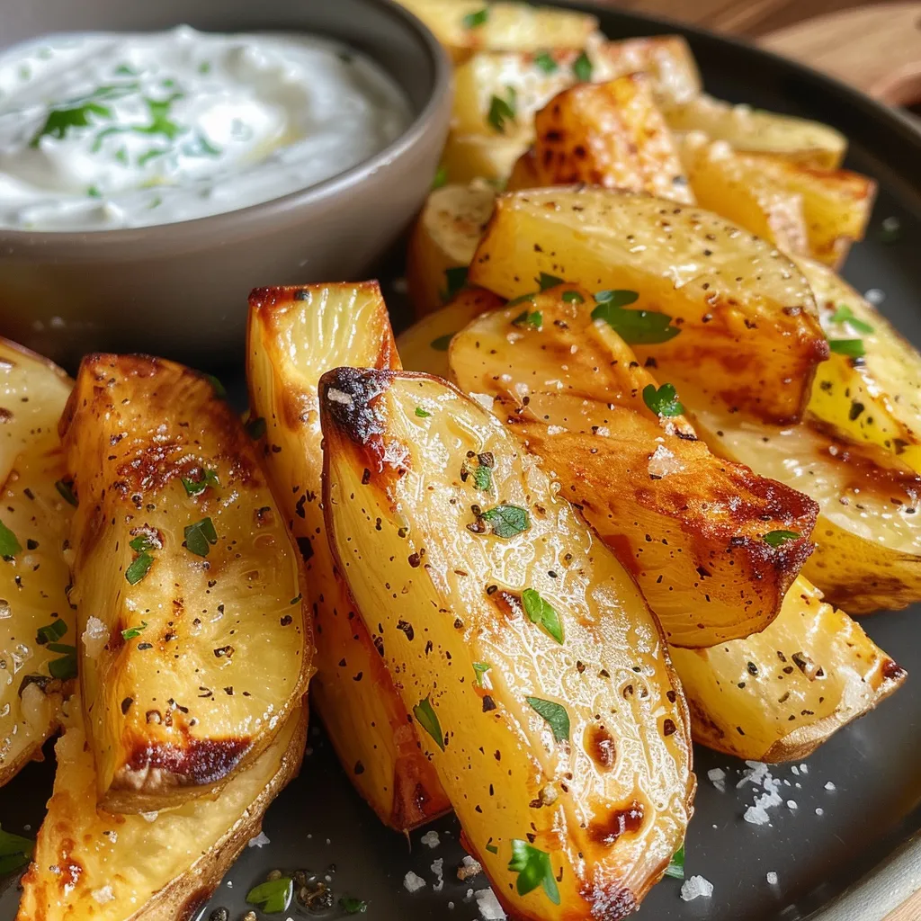 Seiteansicht von gebackenen Kartoffeln mit cremigem Dip und frischen Zutaten.