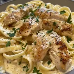 Nahaufnahme von cremigem Chicken Alfredo Pasta in einer weißen Schüssel.