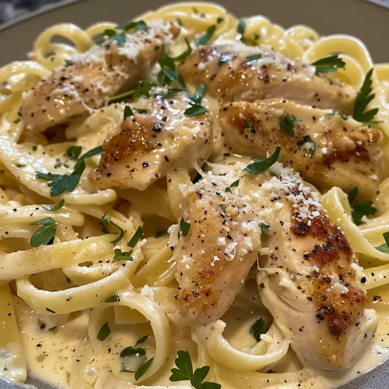 Pasta Alfredo de Pollo: Sencillez y Sabor en Cada Bocado Nahaufnahme von cremigem Chicken Alfredo Pasta in einer weißen Schüssel.