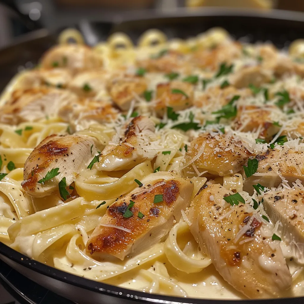 Side-View von dampfender Pasta Alfredo mit Hähnchen und frischen Kräutern.