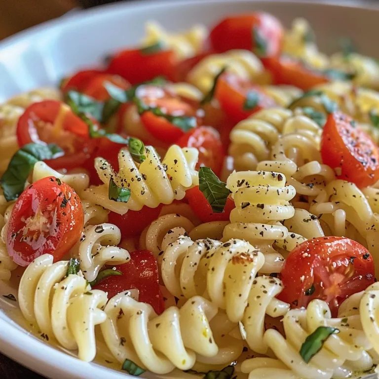 Descubre la Sencillez de la Pasta Caprese: Un Plato que Abraza el Sabor Nahaufnahme von einfacher Caprese-Pasta mit frischem Basilikum.