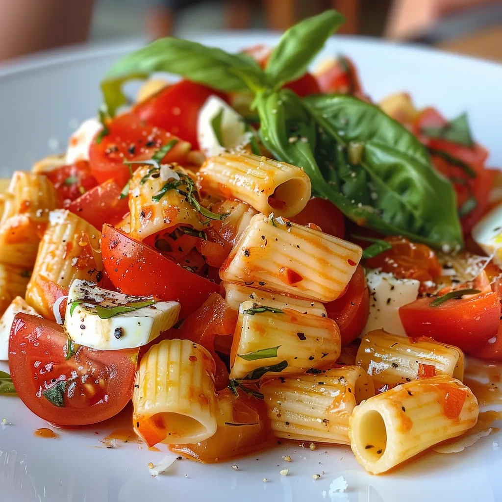 Seiteansicht einer leckeren Caprese-Pasta mit Tomaten und Mozzarella.