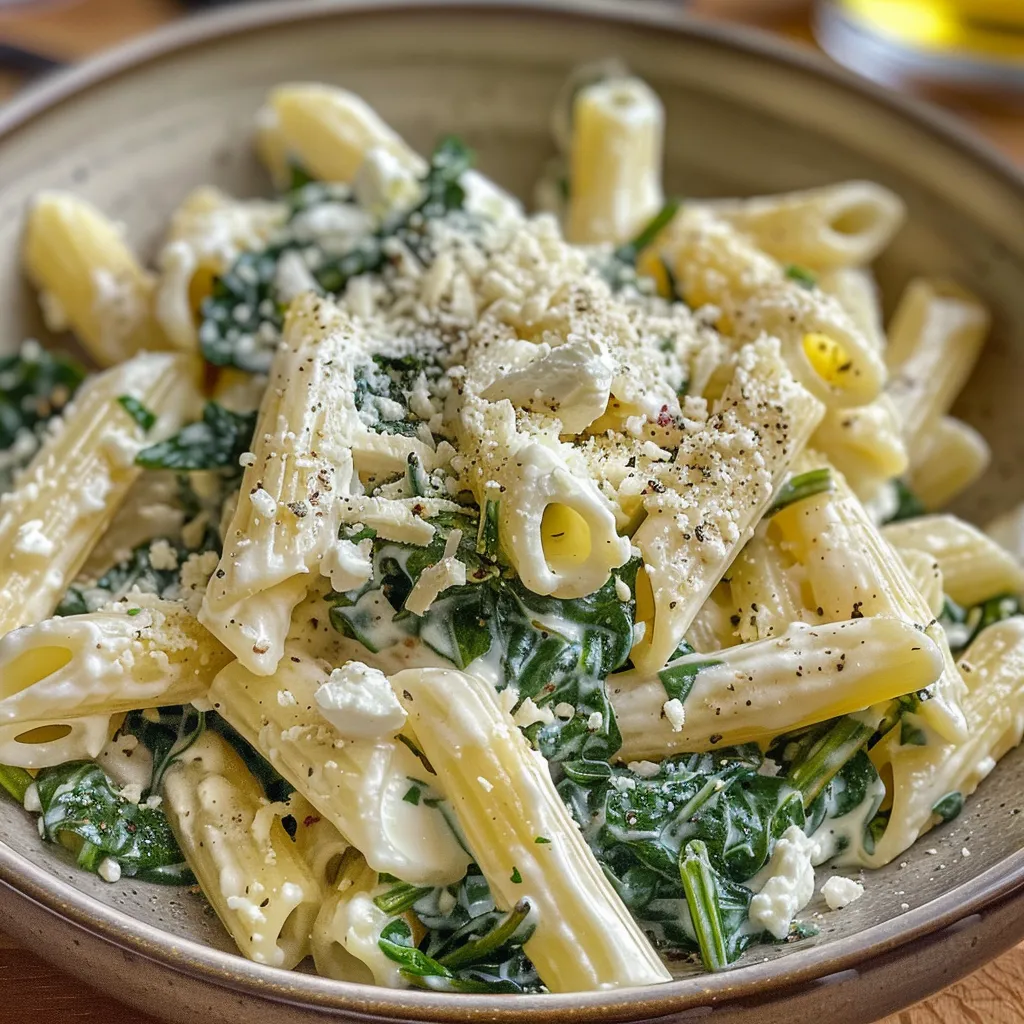 Nahaufnahme von Vollkornpenne mit Spinat und Ricotta in einer Schüssel.