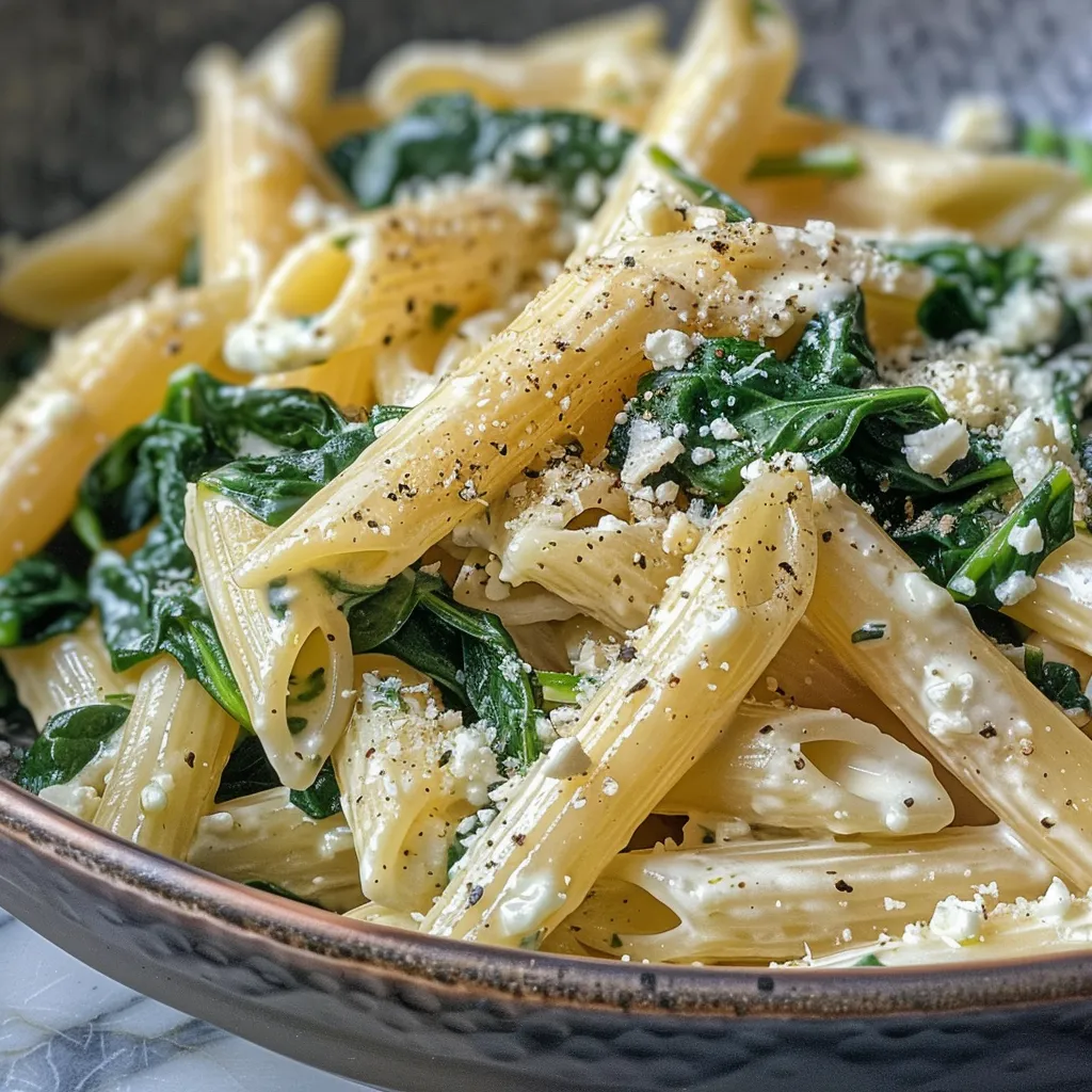 Seitenansicht von Pasta mit Spinat und Ricotta, garniert mit Käse.