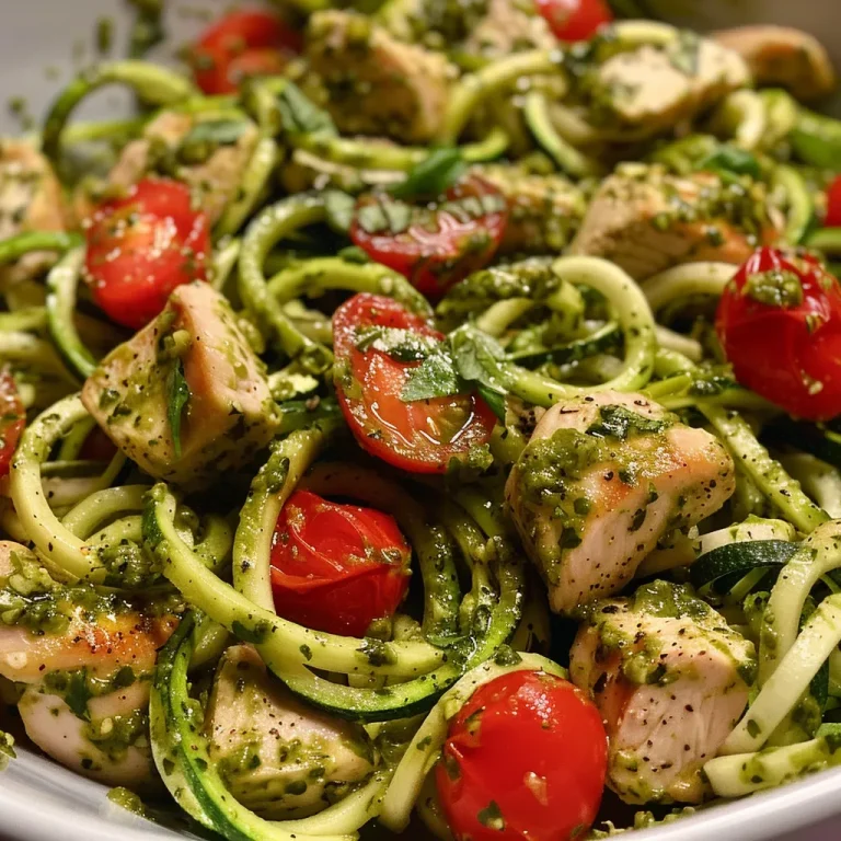 Nahaufnahme von Pesto-Zucchini-Nudeln mit Hähnchen und Kirschtomaten.