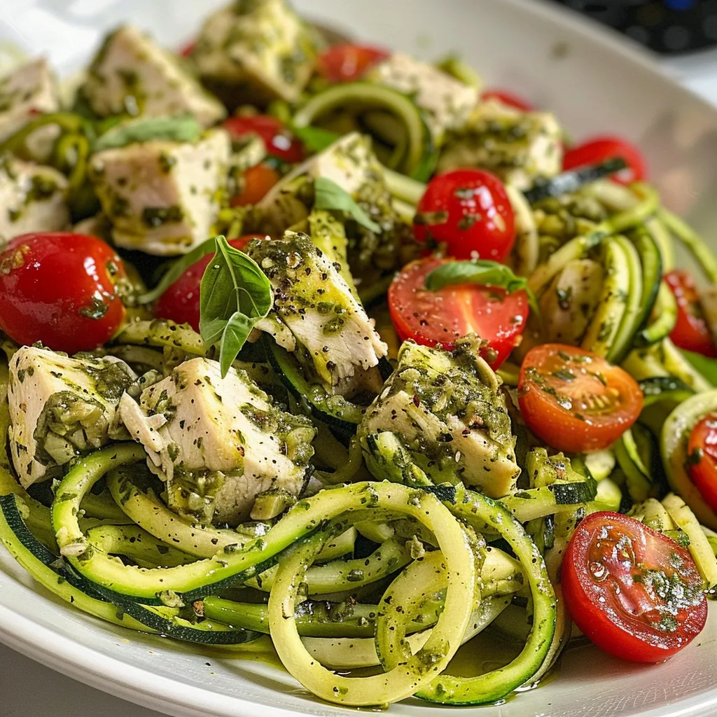 Seiteansicht eines Tellers mit saftigen, spiralisierten Zucchini und Pesto-Hähnchen.