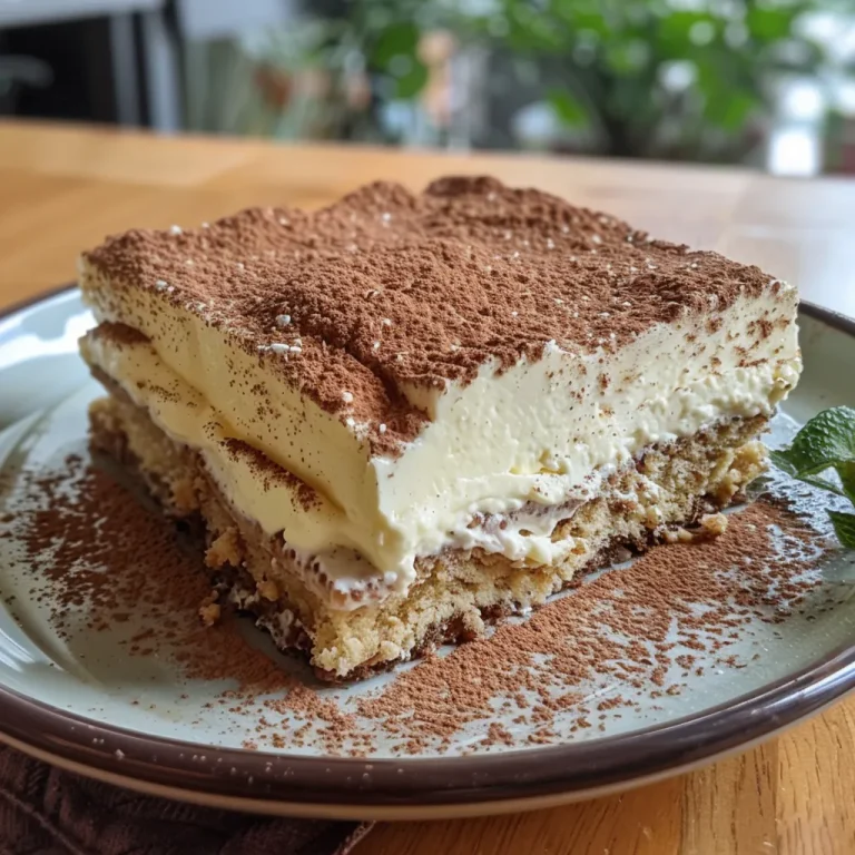 Nahaufnahme eines Pfirsich Tiramisu mit frischen Pfirsichen und Mandeln.