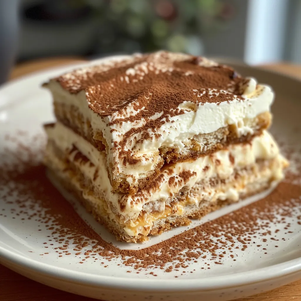 Seitenansicht eines Pfirsich Tiramisu, üppig geschichtet mit Sahne und Pfirsichen.