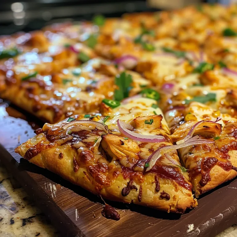 Nahe Ansicht einer BBQ Chicken Pizza mit zerlassenem Käse und frischen Zutaten.