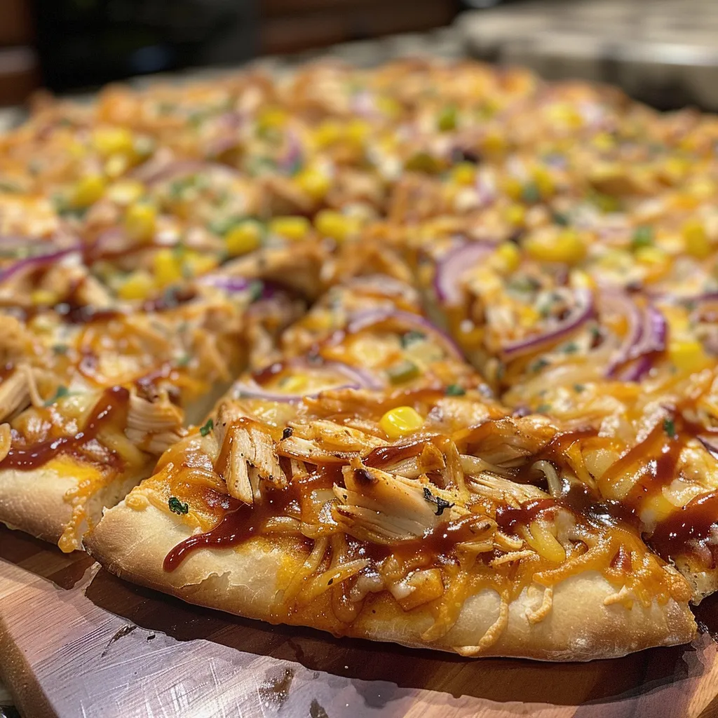 Seitenansicht einer köstlichen BBQ Chicken Pizza mit Hühnchen und Zwiebeln.