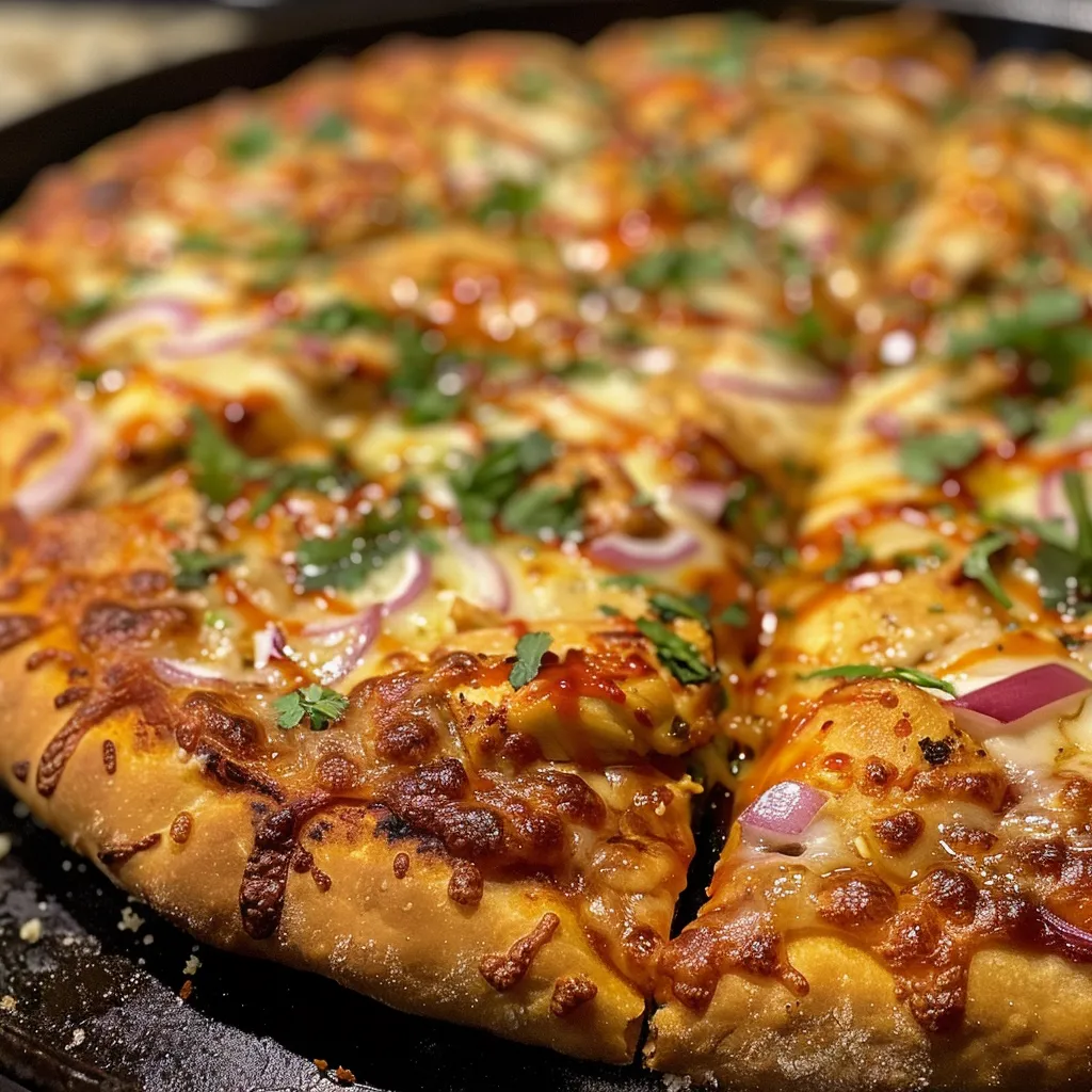 Detailansicht einer BBQ Chicken Pizza mit roten Zwiebeln und frischem Koriander.