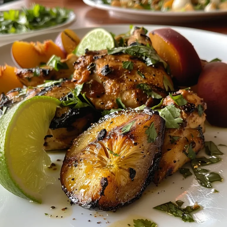 Nahaufnahme von gegrilltem Hühnchen mit Basilikum und Pfirsichsalsa.