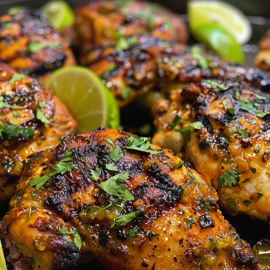 Saftiges Pollo a la parrilla neben frischer Pfirsichsalsa.