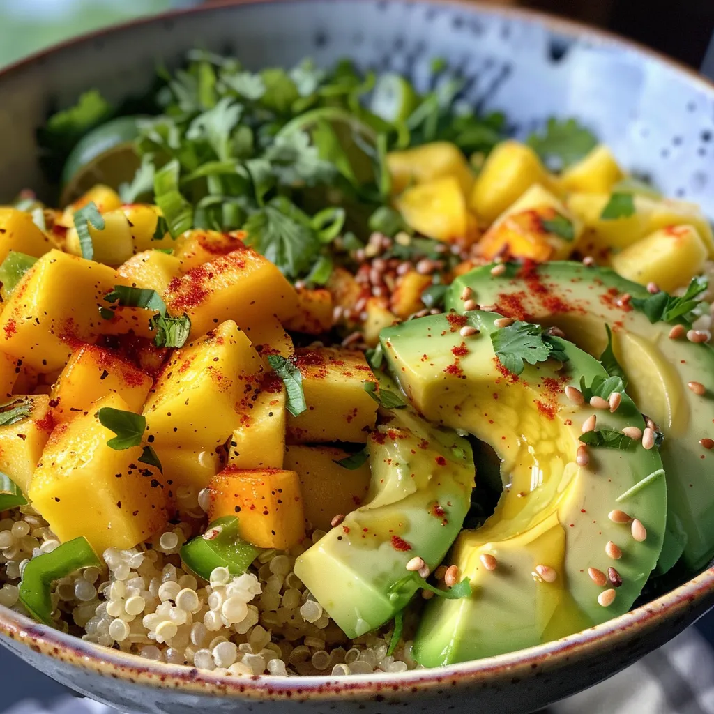 Seitenansicht eines bunten Quinoa-Bowls mit Mango, Avocado und Paprika.