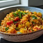 Eine appetitliche Reis-Gemüse-Pfanne mit buntem Gemüse und veganem Frischkäse in einer Schale.