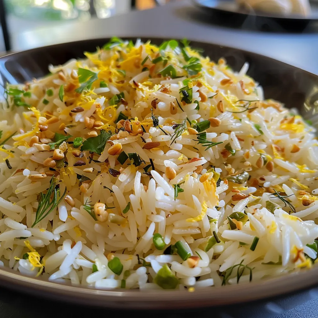 Gesunder Basmati-Reis mit frischen Kräutern und Zitronenscheiben, serviert in einer Schüssel.