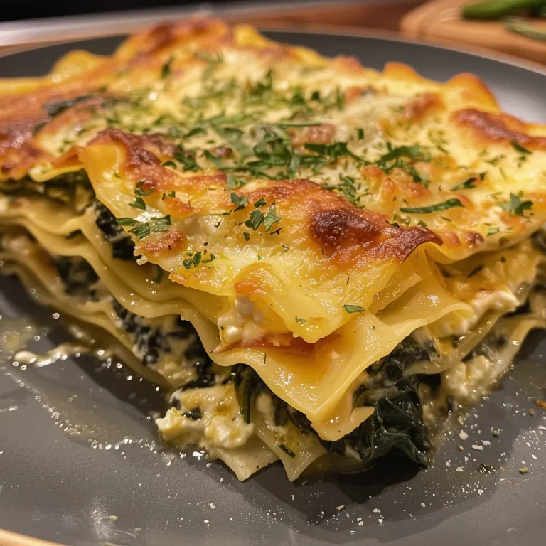 Köstliche Ricotta-Spinat-Lasagne für entspannte Genussmomente Nahaufnahme von Ricotta-Spinat-Lasagne mit geschmolzenem Käse.