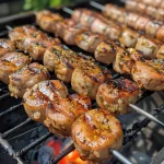Nahaufnahme von gegrillten Riesengarnelen auf dem Grill.