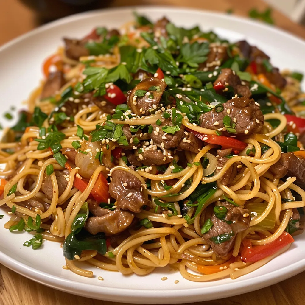Seitenansicht von Rindfleisch Lo Mein, mit dünnen Rindfleischstreifen und buntem Gemüse.