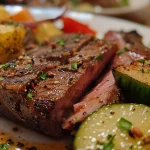 Nahaufnahme von Rindfleisch mit Paprika und Zwiebeln auf einem Teller.