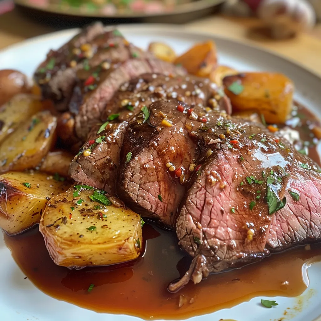 Side-View von saftigem Rindfleisch mit bunten Paprika und Zwiebeln.