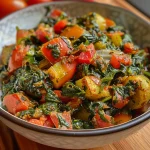 Nahaufnahme eines Eiergerichts mit Spinat und Tomaten.