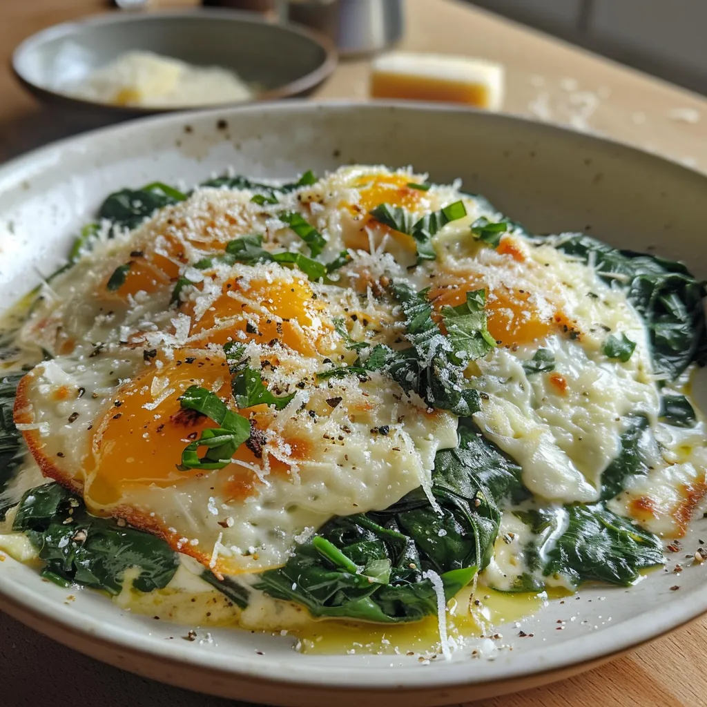 Seiteansicht eines appetitlichen Rühreis mit Spinat und Zwiebeln.
