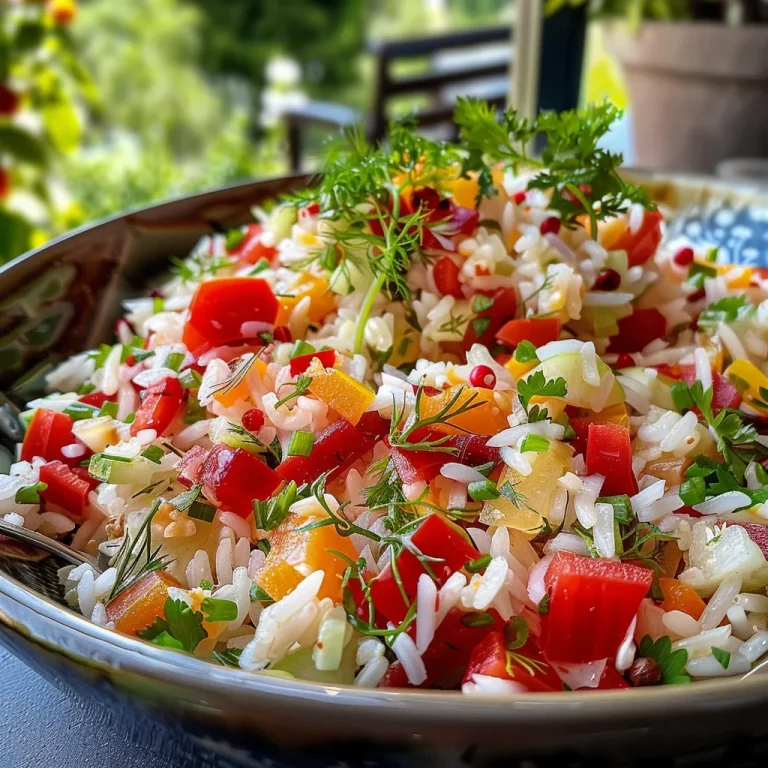 Frische Genussmomente: Saftiger Reissalat für jeden Anlass Nahaufnahme von Saftigem Reissalat in einer Schüssel, mit buntem Gemüse.