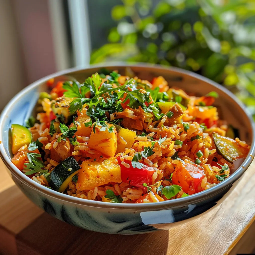Seitenansicht eines saftigen Reissalats, der mit Paprika und Gurke gefüllt ist.