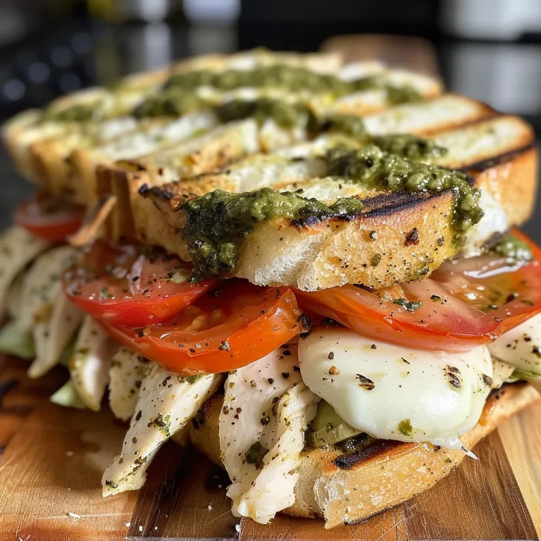Nahaufnahme eines saftigen Chicken Pesto Caprese Sandwiches mit frischen Zutaten.