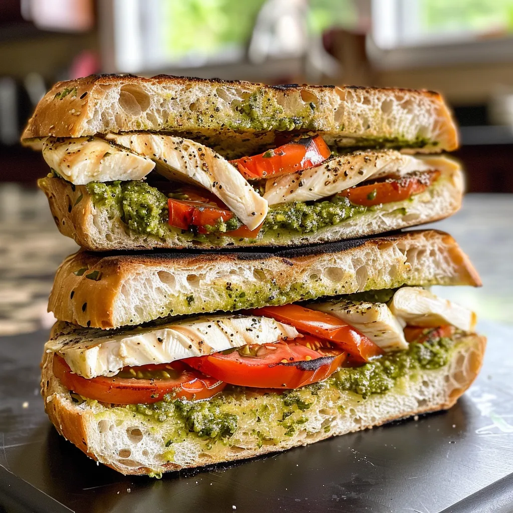 Seitenansicht eines belegten Sandwiches mit Hähnchenbrust, Pesto und Mozzarella.