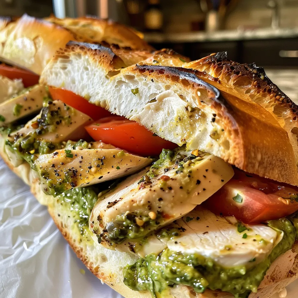 Nahaufnahme eines Köstlichen Pesto-Hühnchen-Sandwichs mit Tomaten und Mozzarella.