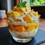 Nahaufnahme eines Schichtdesserts mit Mango, in einer Schüssel serviert.