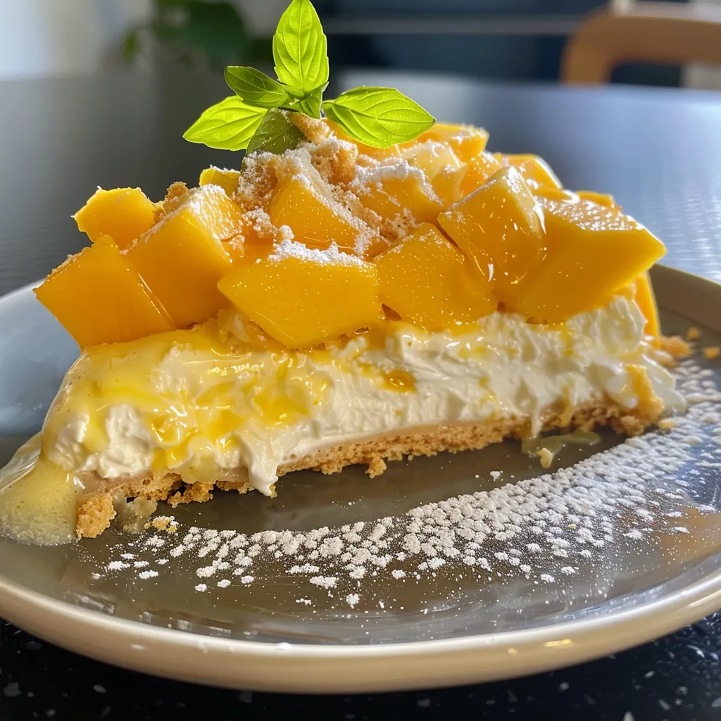 Seitenansicht eines köstlichen Mango-Schichtdesserts mit cremiger Textur.
