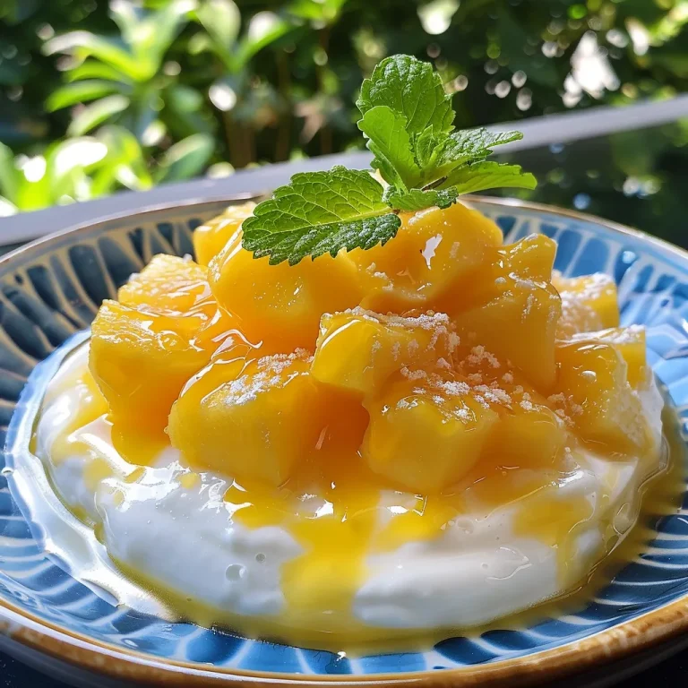 Fruchtiger Genuss im Glas: Schnelles Joghurt-Mango-Dessert Nahaufnahme eines joghurt-mango Desserts im Glas mit frischer Minze.
