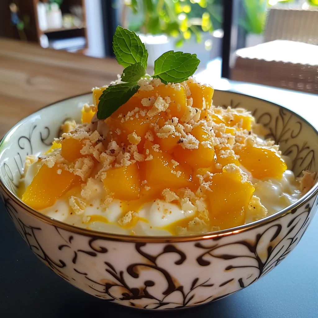 Seitenansicht eines cremigen Joghurt-Mango-Desserts mit Keksen oben.