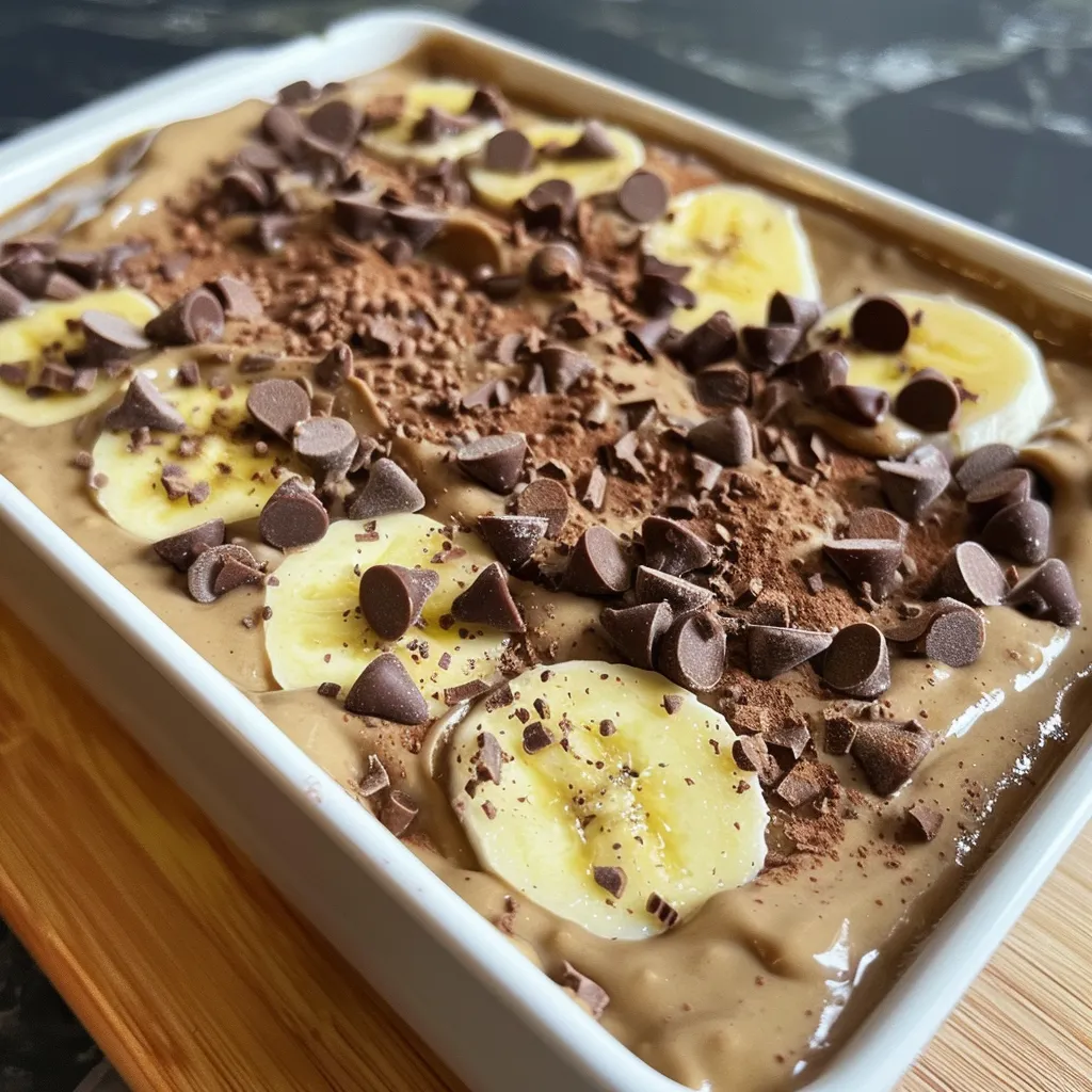 Seiteansicht einer cremigen Schoko-Bananen-Mischung mit frischen Zutaten.