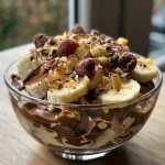 Nahe Ansicht eines Schoko-Bananen-Desserts mit Bananen und Schokolade.