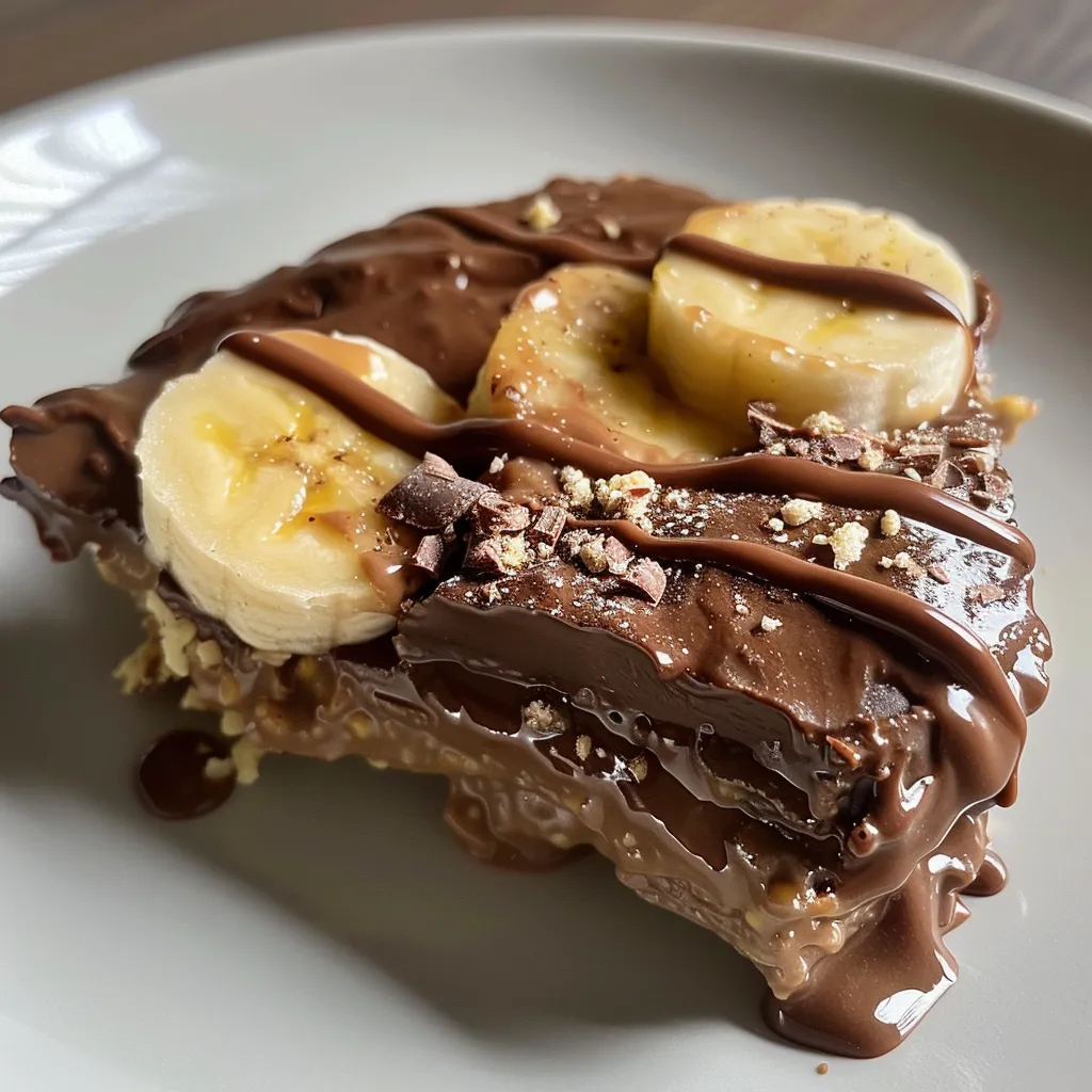 Seiteansicht eines verlockenden Schoko-Bananen-Desserts auf einem Teller.