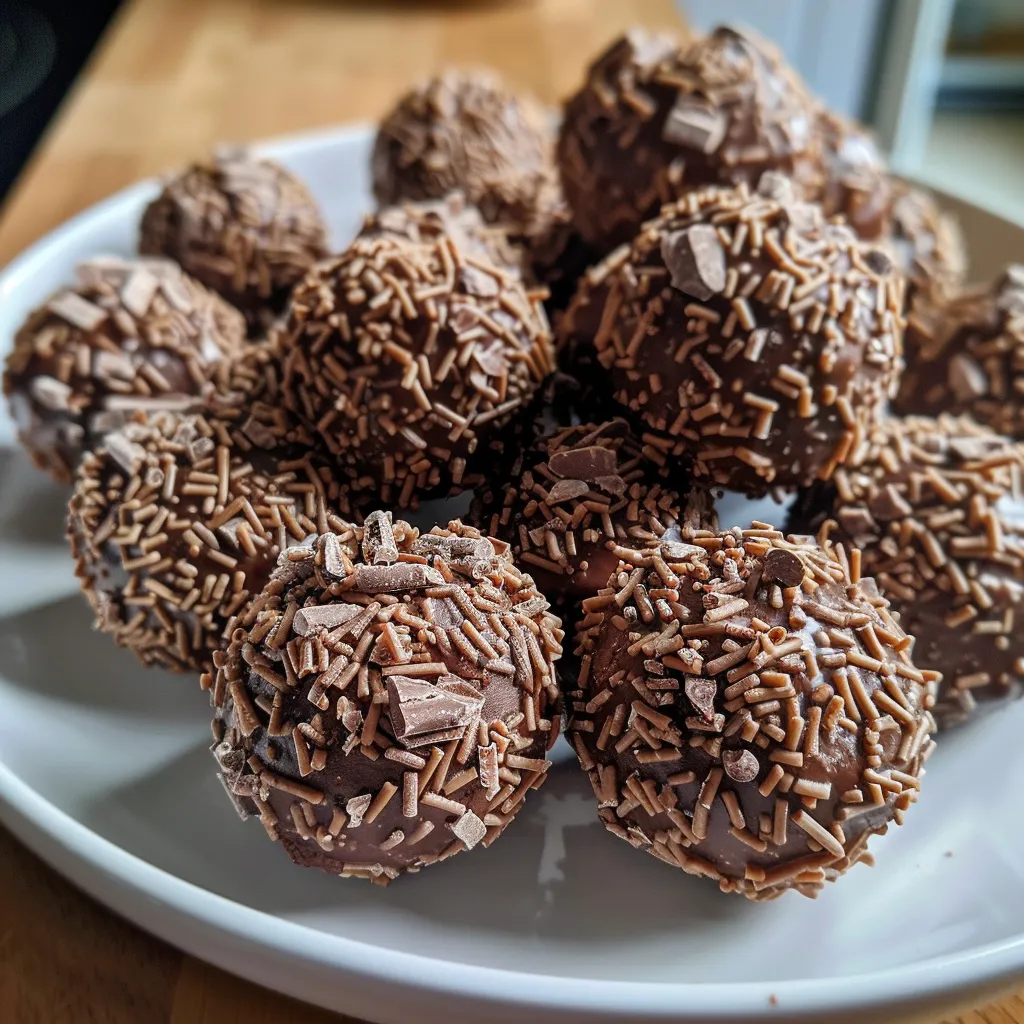 Seitenansicht von saftigen Schoko-Kokos-Kugeln in einer dekorativen Anordnung.